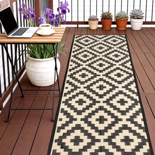SAND MINE Reversible Mats, Plastic Straw Rug, Modern Area Rug, Large Floor Mat and Rug for Outdoors, RV, Patio, Backyard, Deck, Picnic, Beach, Trailer, Camping (2.5' x 8', Black & Beige Lattice) by SANDMIND