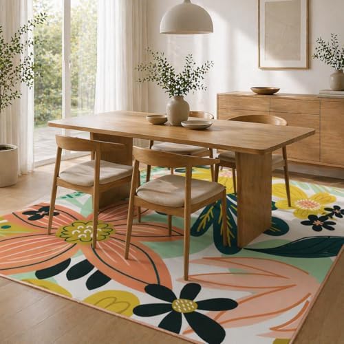 Tyrot Boho Floral Living Room Rug, 5x7 Rug Washable Tropical Botanical Area Rugs Flat Woven Ultra-Thin Non Slip Low Pile Carpet for Bedroom, Dining Room, Office, Kids Room, Pink Green - Image 2