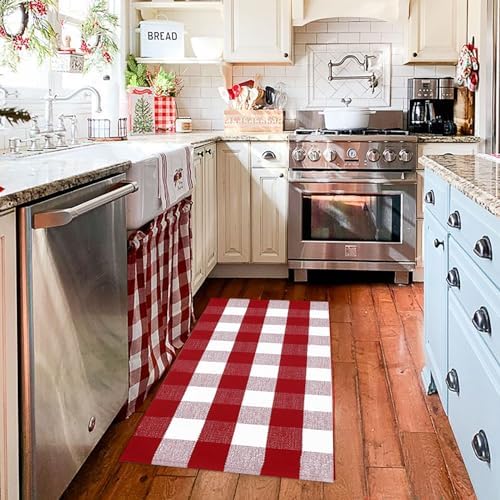 Christmas Plaid Outdoor Rug, 2'x4'3'' Red&White Check Indoor/Outdoor Area Rug, Layering Rug for Hello/Welcome Door Mat, Machine Washable Cotton Woven Rug for Farmhouse Front Porch, Entryway - Image 6