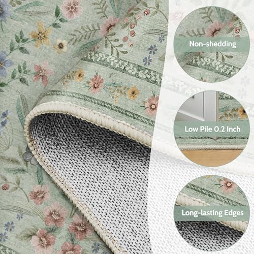 Green Floral Rug for Girls,5x7 Washable Botanical Bedroom Rug for Nursery, Playroom or Kids Room,Soft Non-Slip Carpet for Forest Themed Baby Room Decor - Image 6