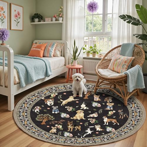 Black 4Ft Round Dogs Area Rug for Living Room Bedroom by WelcometoBabovid