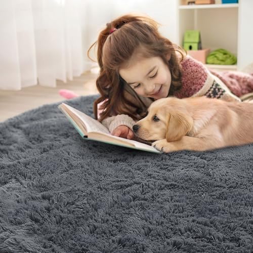 OLANLY Grey Round Rugs for Bedroom - Machine Washable, 8 ft Circle Area Rugs for Living Room, Soft and Fluffy Shaggy Carpet for Teen Girls and Boys, Nursery Rooms, Dorms, Home Decor Aesthetic - Image 5