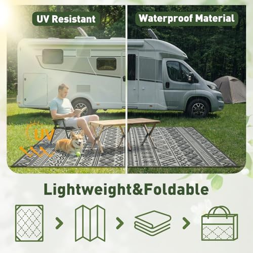 MontVoo Outdoor Rug Carpet Waterproof 10x14 Outdoor Patio Rug Mat Reverisble Plastic Straw Outdoor Rugs for RV Camping Picnic Beach Balcony Boho Grey Large - Image 6