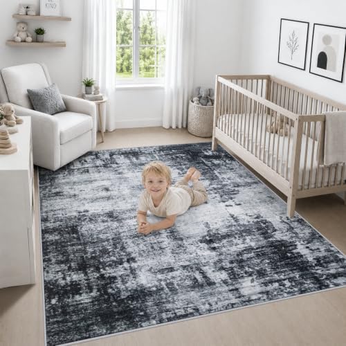 Area Rug Living Room: 5x5 Modern Washable Soft Carpet Dark Black - Image 5
