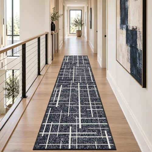 Modern Stripe Hallway Runner Rug Non Slip, Washable 2x10 Runner Rug, Woven Thin Low Pile Carpet Runners for Hallway 10ft Entryway, Kitchen, Walkway -Midnight Black - Image 3