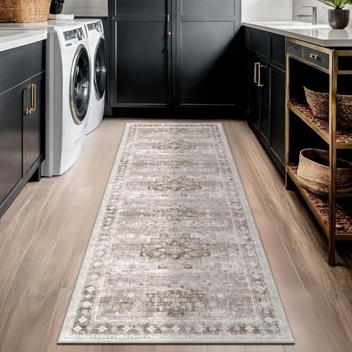 Hazo Haus Boho Bathroom Rug 2x5 Runner, Neutral Farmhouse Kitchen Rugs, Small Throw Runners for Laundry Room Bedroom, Vintage Floral Décor, Non-Slip Low-Pile Washable Stain Resistant Beige Latte - Image 3
