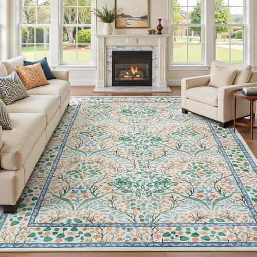 Lofus 8x10 Floral Living Room Rug, Washable Large Area Rugs White Green by Lofus