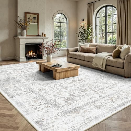 8x10 Area Rugs for Living Room, Washable Vintage Retro Floral Rug, Low Pile Non Slip Distressed Large Carpet for Bedroom, Dining Room, Office, Home (Beige & White) - Image 3