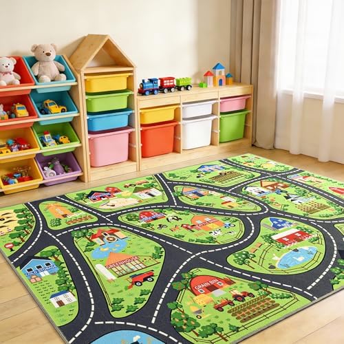 BENRON Farmyard Car Play Rug 5x7 for palyroom, Educational PlayMat for Kids by BBENRON