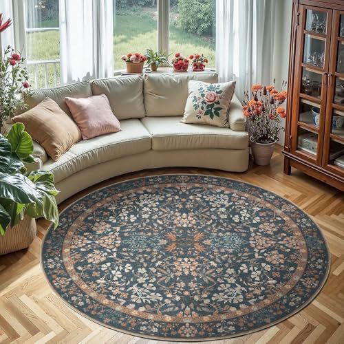 jinchan 6ft Washable Round Area Rug, Vintage Floral, Dark Blue by JINCHAN