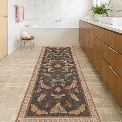 Hazo Haus Non Slip Hallway Runner Rug 3x10, Soft Low Pile Kitchen Floor Mat for Front Door Entrance, Orange Brown Vintage Insect Moth Décor - Image 3