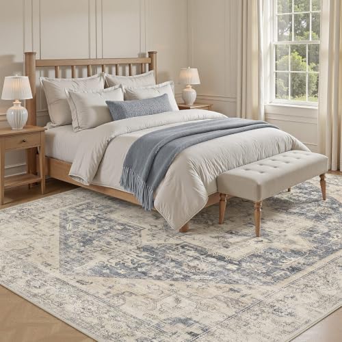 Vintage 9x12 Rugs for Living Room Washable Area Rug Blue Beige - Image 5