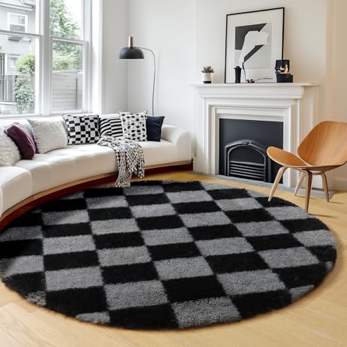 KICMOR Round Rugs 5ft Black and Grey Circle Area Rug, Fluffy Soft Fuzzy Shag Shaggy Bedroom Living Room Carpet, Indoor Checkered Circular Rug for Teen Kids Boys Girls Home Decor Aesthetic, Nursery - Image 3