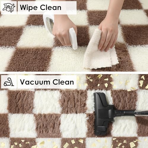 KICMOR 4x6 Brown and Cream White Area Rugs for Bedroom, Fluffy Shag Shaggy Fuzzy Checkered Living Room Rug, Soft and Comfy Bedside Carpet, Furry Plush Rug for Kids Room Nursery Home Decor Aesthetic - Image 4