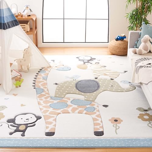 SAFAVIEH Carousel Kids Collection Area Rug - 10' Square, Ivory, Geometric Design, Ideal for High Traffic Areas in Living Room, Bedroom, Dining (CRK120A) by Unknown