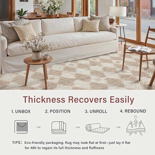 PureCozy Beige 8x10 Area Rug for Living Room Soft Checkered Shag Carpet - Image 4