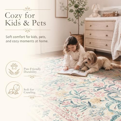 Wonnitar Pink Rugs for Nursery, 5x7 Washable Rug for Bedroom Girls, Boho Soft Floral Carpet Non Slip, Indoor Ultra-Thin Floor Carpet for Baby Kids Room Living Room Dorm Decor - Image 5