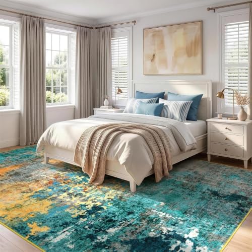 8x10 Area Rug for Living Room, Abstract Washable Large Rugs, Teal/Orange - Image 2