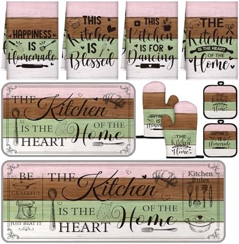 Fourluoo 10 Pcs Farmhouse Kitchen Set, White Green Pink by Fourluoo