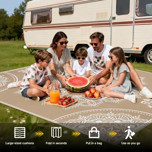 Pauwer Waterproof Outdoor Rug 8x10, Plastic Straw Patio Mat, Floral Brown - Image 5