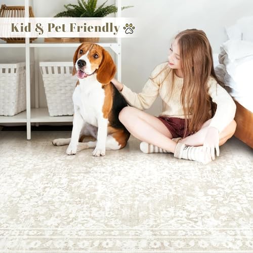 Vintage Living Room Area Rug - 8x10 Large Machine Washable Boho Area Rug Distressed Floral Rugs for Bedroom, Soft Non-Slip Indoor Floor Accent Rugs for Office Dining Room (Cream Beige, 8'x10') - Image 4