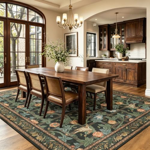 9x12 Washable Area Rug, Green Floral Vintage Rug for Living Room Bedroom - Image 3