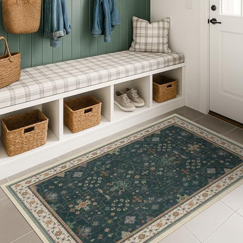 Dark Green Oushak 3x6 Kitchen Rug - Modern Vintage Boho Floral Moody, Washable Low Pile Non-Slip Area Rugs for Large Entryway, Door Mat Indoor Entrance, Kitchen, Bedroom Beside Bed - Image 3