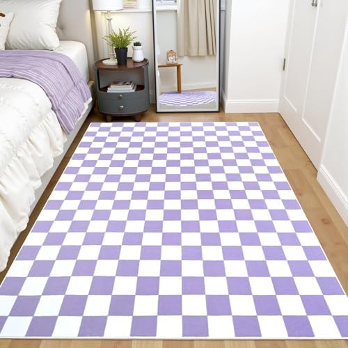 Terrug Purple and White Checkered Rug for Bedroom, 3x5 Washable Area Rugs by TerrugHomeDecor
