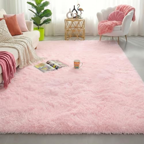 Amdrebio Pink Fuzzy Furry Kids Rug 5x8 for Girls Bedroom Living Room Dorm by Amdrebio