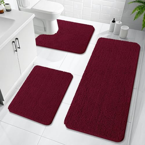 OLANLY Bathroom Rugs Sets 3 Piece, 47"x20"+24"x16"+24"x20", Burgundy by OLANLY
