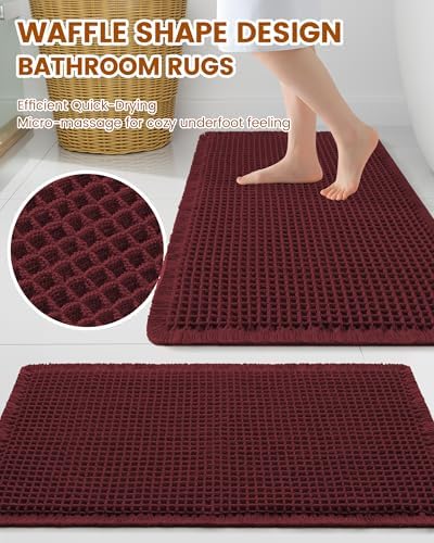 Smiry Waffle Bath Mat 60X24, Extra Soft Absorbent Bathroom Rugs, Burgundy - Image 2