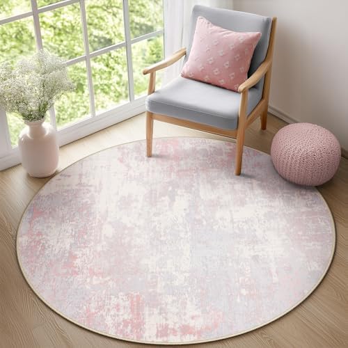 RELEANY Washable Round 4ft Area Rug for Living Room Gray Pink - Image 2