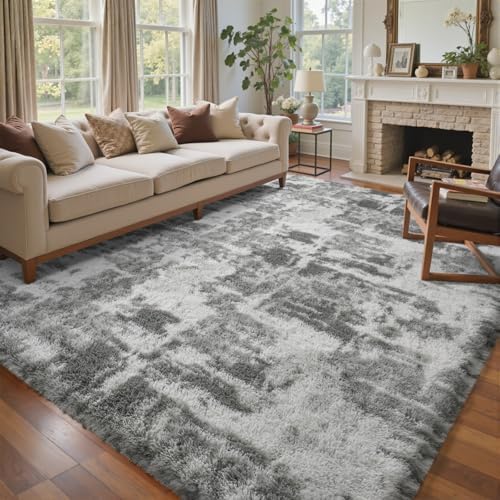 8x10 Ft Extra Large Shag Rugs for Living Room, Tie Dyed Ultra Soft Fluffy Furry Area Rugs for Bedroom Indoor Floor, Aesthetic Carpet for Kids Home Decor (Grey) - Image 3