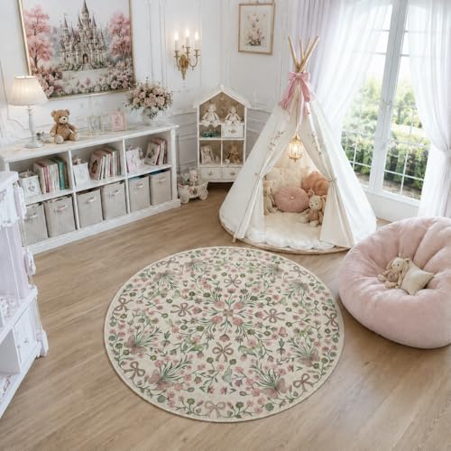 4ft Pink and Green Floral Butterfly Bow Round Nursery Rug - Image 2