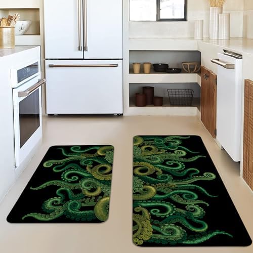 Funny Octopus Tentacle Kitchen Rugs Sets of 2 Non Slip Washable, Black Cthulhu Kraken Kitchen Mats for Floor 2 Piece Home Decor - Image 2