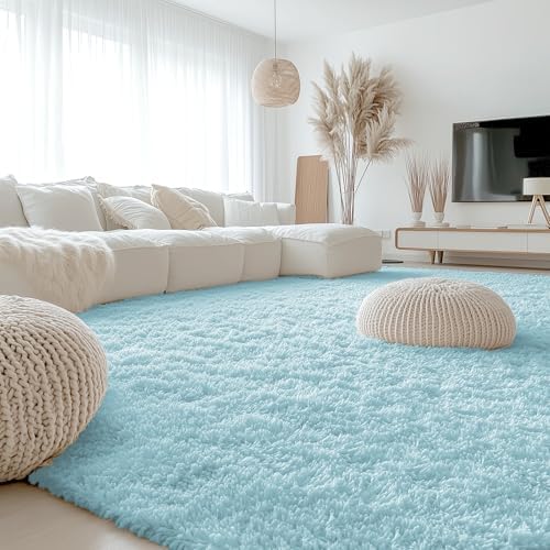 OLANLY 9x12 Machine Washable Large Area Rugs for Living Room, Bedroom, Soft Fluffy Shaggy Bedside Rug, Indoor Floor Carpet for Kids Girls and Boys, Dorms, Nursery, Home Decor Aesthetic, Light Blue - Image 3