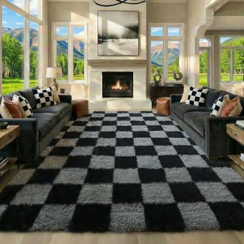 KICMOR Large Rugs for Living Room 7x10 Area Rug, Black and Grey Big Fluffy Shag Shaggy Fuzzy Checkered Bedroom Carpet, Indoor Soft Plush Rug for Kids Boys Girls Dorm Nursery Home Decor Aesthetic by KICMOR