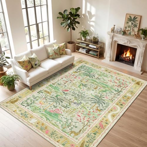 8x10 Washable Rug for Living Room Green Animal Print Large Bedroom Rugs Non Slip Forest Nursery Girls Room Throw Carpet Stain Resistant Whimsical Safari Area Rugs for Home Office, Sage Green by Garvee