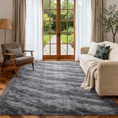 Area Rugs for Living Room, Tie-Dyed 5x7 Feet Soft Fluffy Shagg Plush Rug High Pile Large Indoor Modern Non-Slip Floor Carpet for Bedroom Nursery Kids Home Room Dorm Decor Aesthetic Grey - Image 3