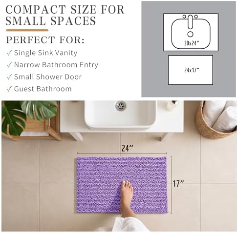 Yimobra Bathroom Rugs Non Slip Washable - Ultra Soft Absorbent Chenille Bath Mat, Quick Dry Shaggy Floor Carpet for Tub Shower, Lavender Home Decor Accessories, 24x17 Inch - Image 2