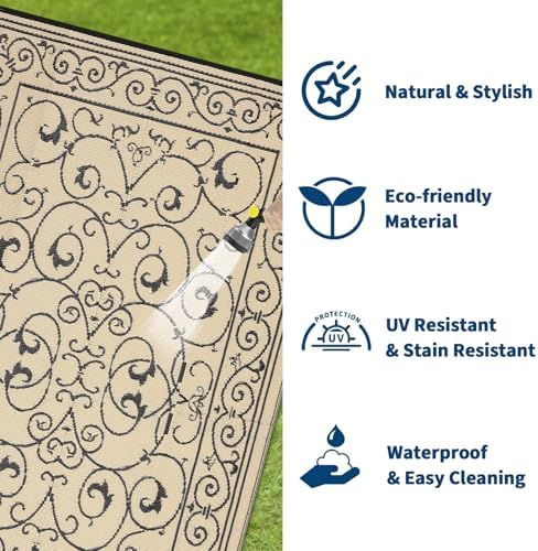 GAOMON Outdoor Rug Waterproof 9x12 Patio Rug Durable Indoor Outdoor RV Mat, Reversible Camping Carpet, Foldable Plastic Straw Rug for Patio, Porch, Deck, Balcony, Beach,Vintage-Black&Beige - Image 5