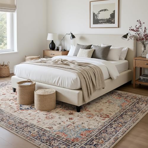 6x9 Beige Blue Orange Washable Area Rug for Living Room, Vintage Print - Image 2