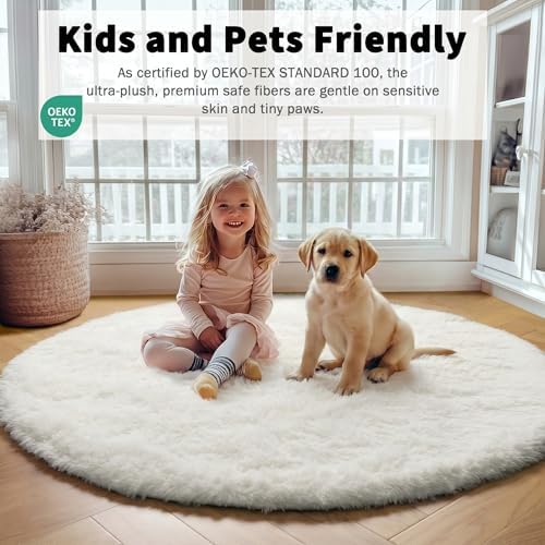 Cream White Fluffy Round Rug Circle Area Rugs 4ft for Kids Teen Bedroom - Image 3