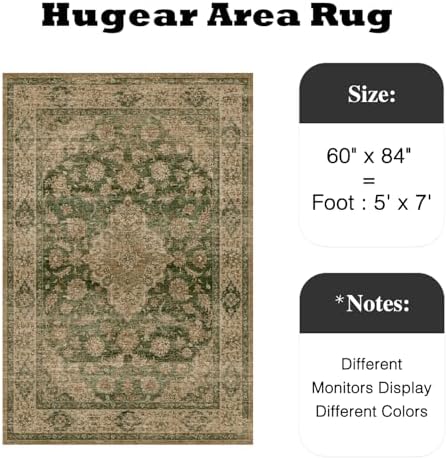 HUGEAR 5x7 Green Retro Floral Washable Area Rug for Living Room - Image 2