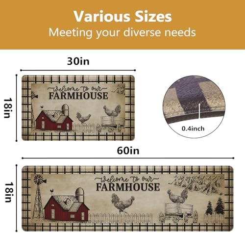 2PCS Farmhouse Kitchen Rugs,Retro Rooster Anti Fatigue Kitchen Mat - Image 2