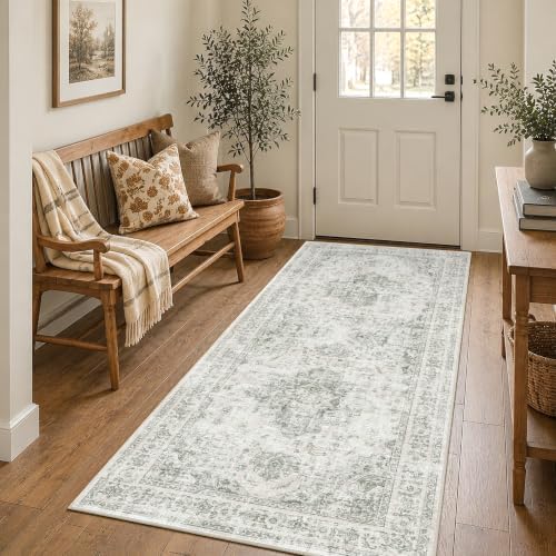 3x7 Washable Kitchen Runner Rug Non-Slip Medallion Green Throw Carpet - Image 2