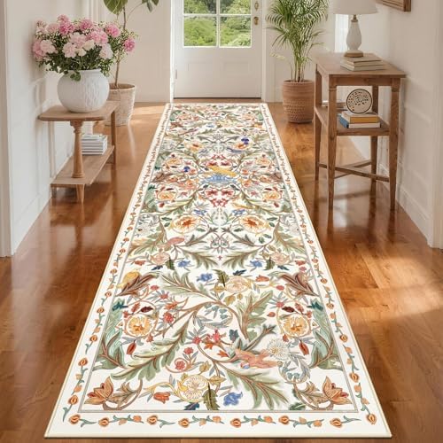 nesrt Boho Bird Runner Rug 3x10Ft for Hallway, Washable Long Kitchen Rug Runner Non-Slip, Thin Low Profile Indoor Farmhouse Entryway Floor Carpets for Doorway Entryway Home Decoration (White) by nesrt