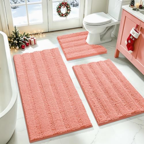 ACCUMTEK Striped Coral Bathroom Rug Set 3 Pieces Ultra Soft, Non Slip Chenille Toilet Mat, Absorbent Plush Shaggy Bath Mats for Bathroom, Bedroom, Kitchen by ACCUMTEK