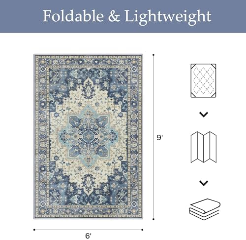GENIMO Indoor Outdoor Rug, Washable for Patio and Deck, Navy Ivory, 6x9 - Image 2