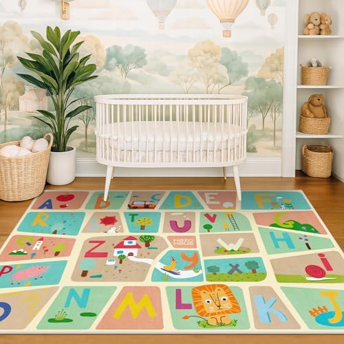 4x6 Preschool Kids Alphabet Rug – Washable ABC Learning Carpet for Toddlers, Educational Playroom Carpet with Fun Letters & Illustrations, Soft Nursery Rug for Reading, Craft, or Floor Play - Image 6